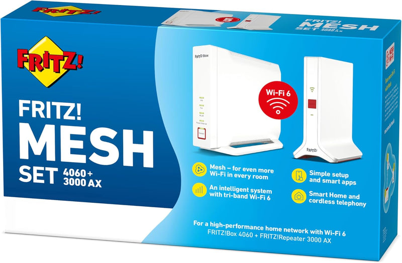 AVM FRITZ!Mesh Set: FRITZ!Box 4060 (Wi-Fi 6 Router mit bis zu 4.800 MBit/s + 1.200 MBit/s) und FRITZ