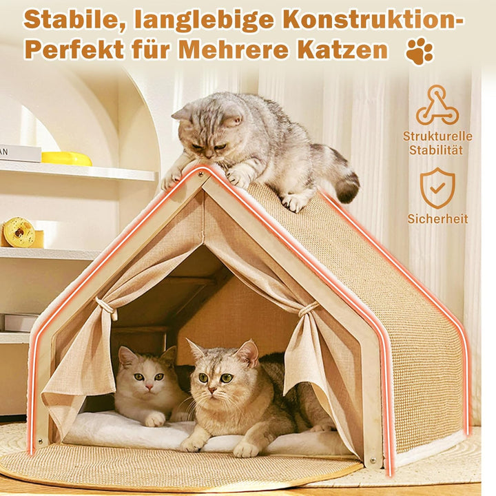 Katzenhaus mit Kratzbrett, 2-in-1Holz Sisal Katzenhaus Kratzbrett, Katzenzelt Gemütliche Indoor Katz