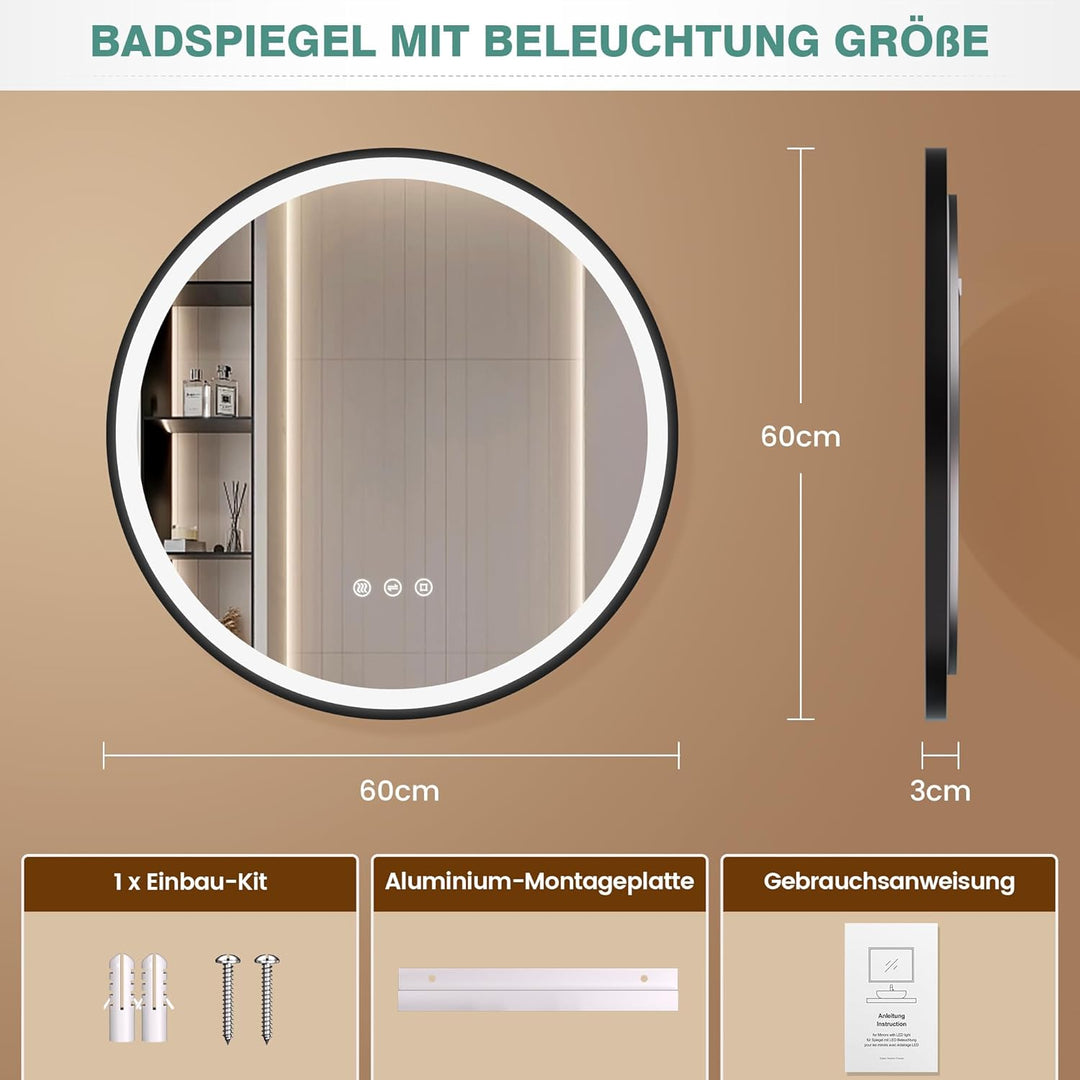 Runder Spiegel mit Beleuchtung 60 cm – Antibeschlag, Dimmbar, 3 Lichtfarben, LED Badspiegel mit Touc