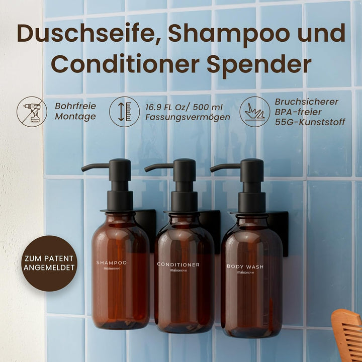 MaisoNovo Shampoo Flaschen zum befüllen – Duschseifen Seifenspender Wandbefestigung – 500 ml Set mit