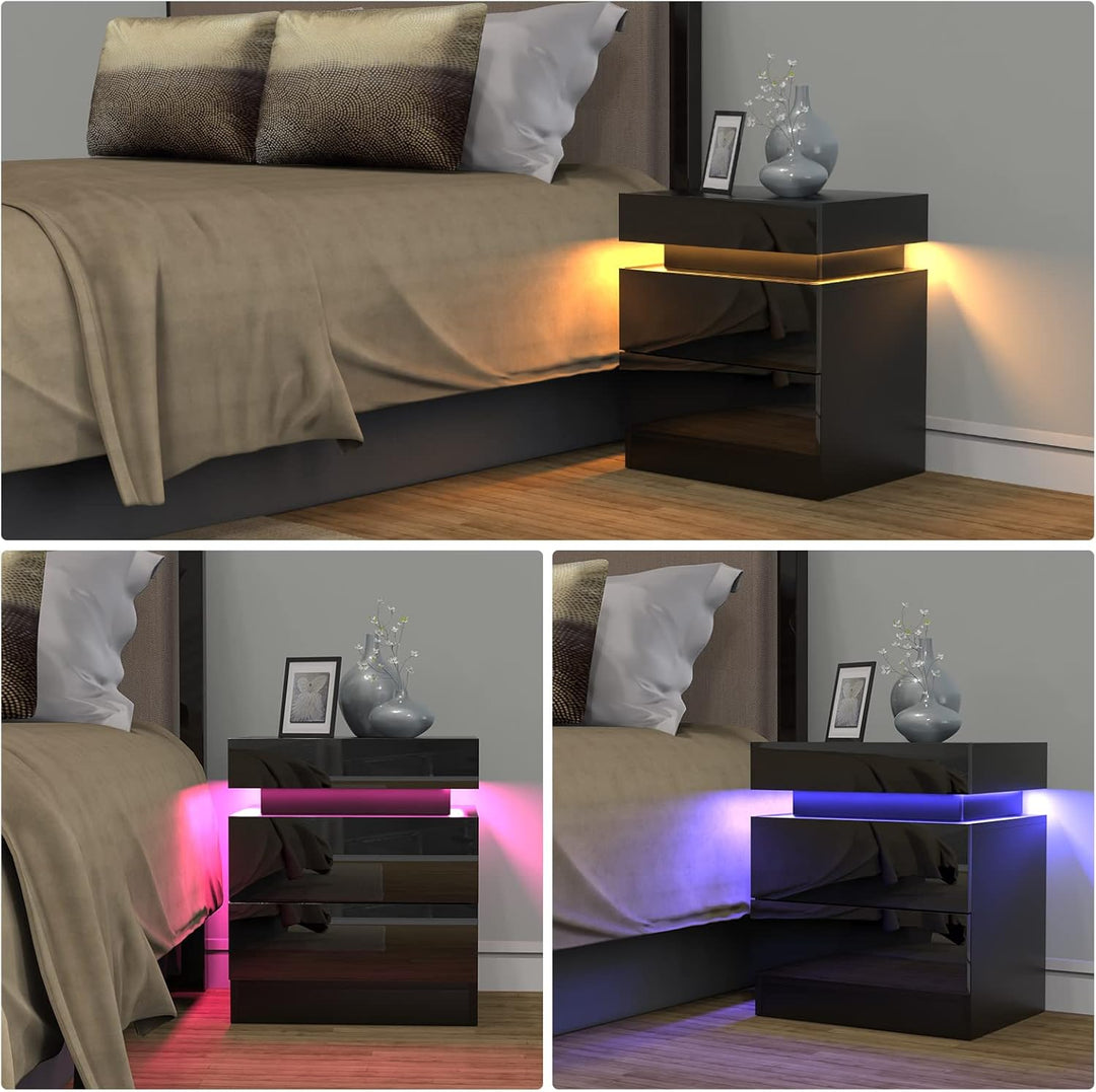 PIPIPOXER Nachttisch Schwarz mit LED Licht, 16 Farben 2 Schubladen und Hochglanz Kommode Nachttisch
