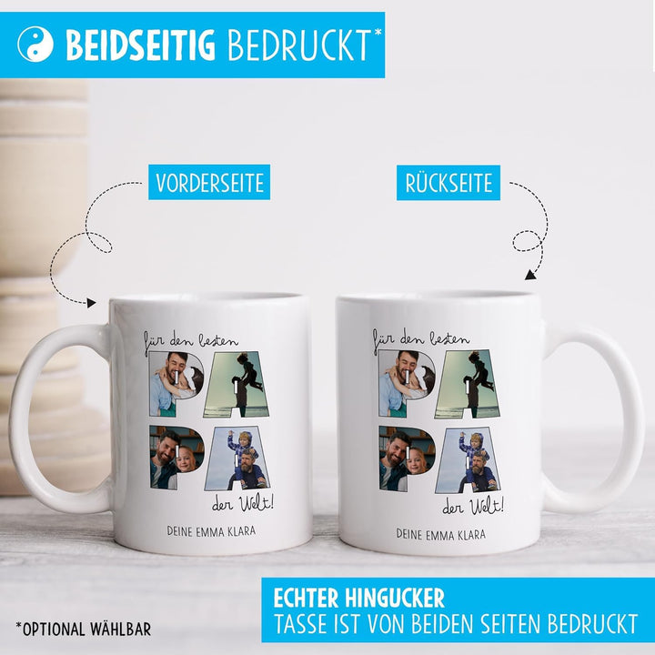 OWLBOOK® Tasse Bester Papa mit 4 Fotos & Spruch selbst gestalten | Fototasse mit eigenem Bild & Text