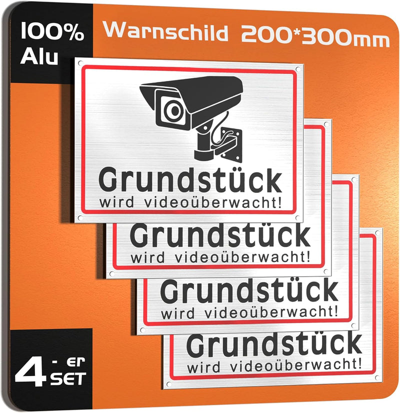 4 Stück Achtung Videoüberwachung Schild 20 * 30cm Videoüberwachung - Warnschild - Hinweisschild für