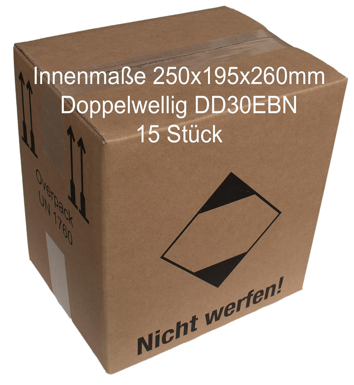 Wellpapp Faltkarton Versandkarton 250x195x260, 15 Stück, Fefco 0201, Doppelwellig 5310DD30N, stossen