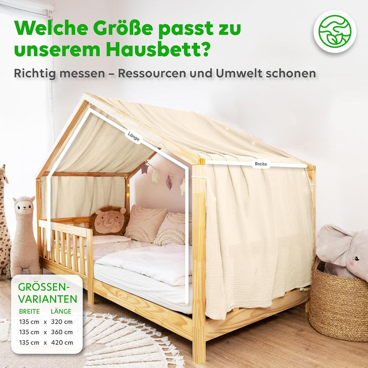 Hausbett Himmel [in 12 Farben] Betthimmel Hausbett aus 100% Baumwolle Musselin - Stoffhimmel für Hau