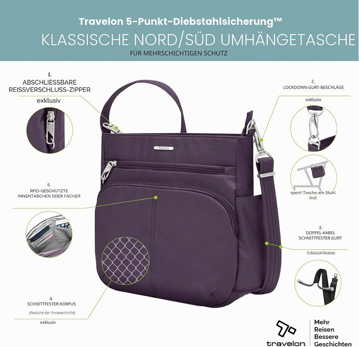 Travelon Klassische N/S-Umhängetasche mit Diebstahlschutz Einheitsgrösse Violett, Einheitsgrösse Vio