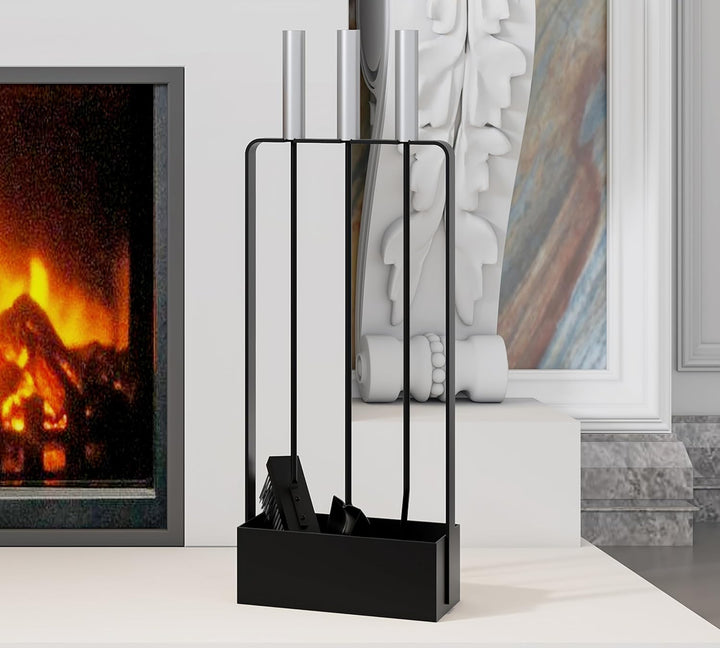 Kingson Kaminbesteck mit Edelstahlgriffen - 3 Werkzeuge - 53cm - schwarz pulverbeschichtet Ständer
