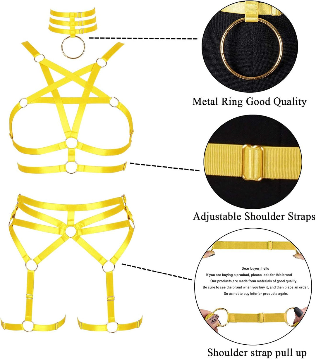 Damen Body Harness Pentagramm BH Set Punk Strumpfband Bein Taille Tanz Elastic Gothic Carnival Zubeh