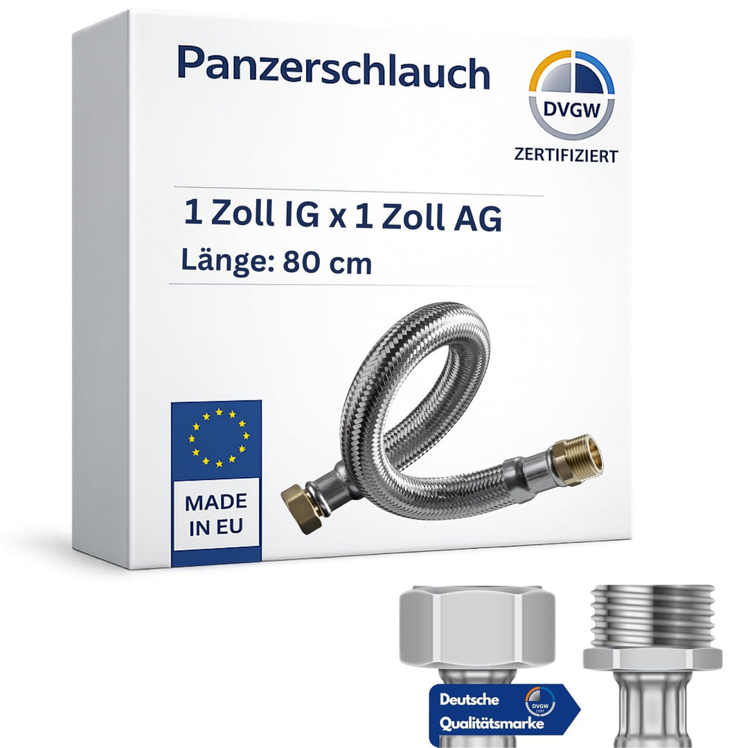 DVGW gep. Panzerschlauch 1 Zoll DN25 Edelstahl Flexschlauch Wasseranschluss Heizung Enthärtungsanlag