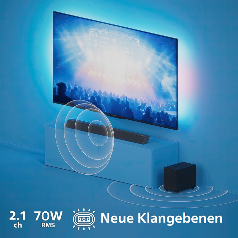 Philips TAB5308/10 Soundbar 2.1 mit kabellosem Subwoofer | 140 W | 4,5" Woofer | 4 EQ-Modi | HDMI AR