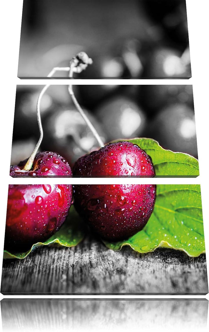 Pixxprint Tautropfen auf leckeren Kirschen schwarz/weiss 3-Teiler Leinwandbild 120x80 Bild auf Leinw