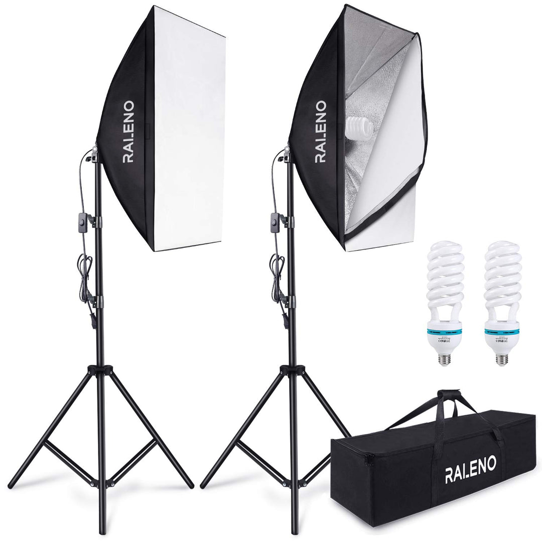 RALENO Softbox Fotostuido Set, 50 x 70cm Fotografie-Dauerbeleuchtungssystem mit 2 x 85W 5500K Glühbi