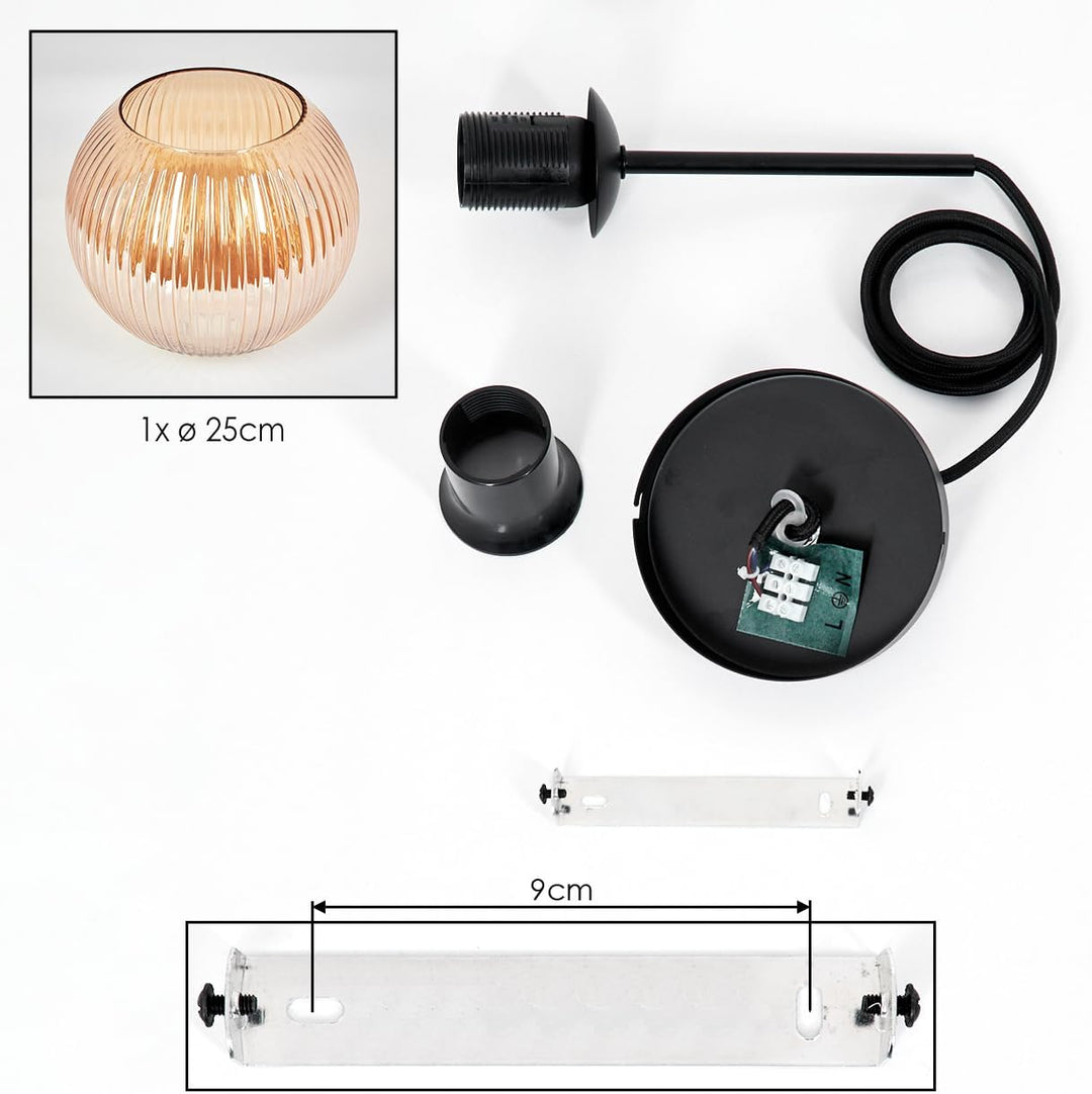 HOFSTEIN Hängeleuchte Koyoto, 1-flammige Hängelampe aus Metall/Riffelglas in Schwarz/Bernstein, mode