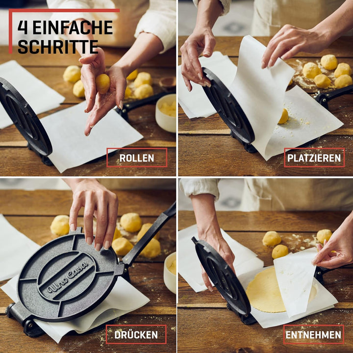 Uno Casa Tortilla Presse 20 cm - Taco Presse, Hochleistungs-Gusseisen Tortilla Maker - Roti Maker Bo