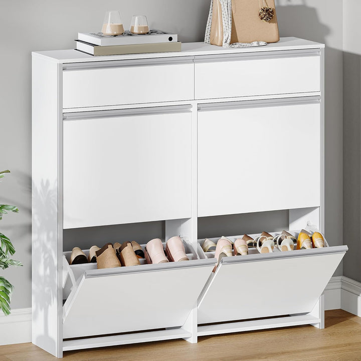 Schmaler Schuhschrank mit 4 Klapptüren, Schuhkipper, Schuhregal mit Schublade, Schmaler Schuhkommode