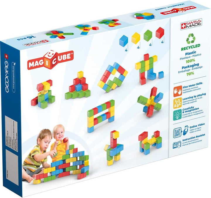 Geomag Magicube Kreative Magnete, 16 Stück Würfel in 4 Farben, ab 1 Jahr, Kleinkind-Bauset für Entwi