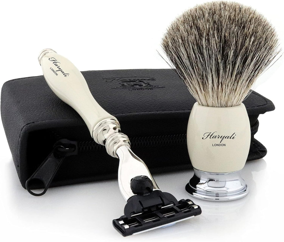 Rasier Set Herren – Dachshaar Rasierpinsel & 3 Kante Kompatibler Rasierer mit Reiseetui – Nassrasur