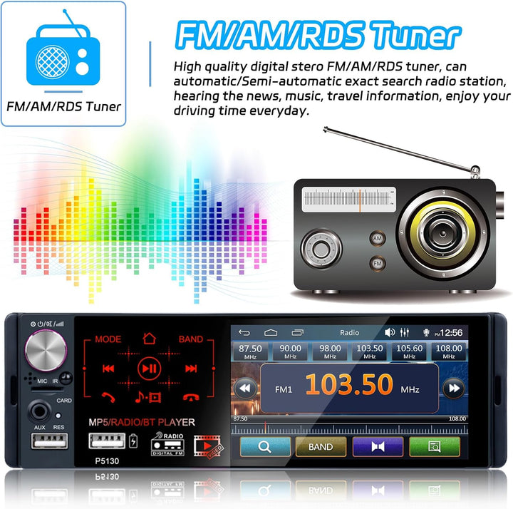 RDS Autoradio 1 Din Bluetooth Freisprecheinrichtung, Hikity 4,1 Zoll Bildschirm Touch Display mit FM