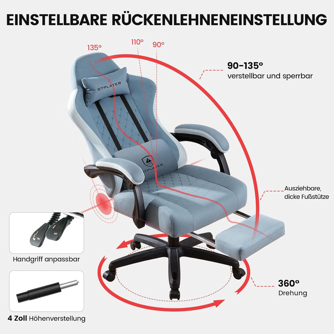 GTPLAYER Gaming Stuhl Stoff, Gaming Sessel mit Taschenfederkissen, ergonomischer Drehstuhl, Gamer St