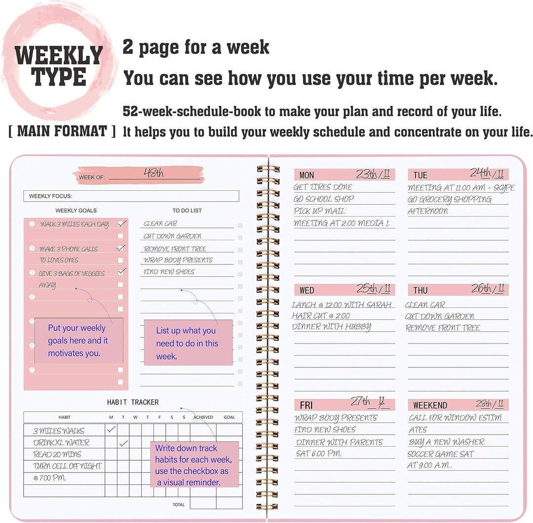Undatierter Wochenplaner, Wochenziel-Notizbuch, A5 To-Do-Listenplaner, Gewohnheitstracker mit Spiral