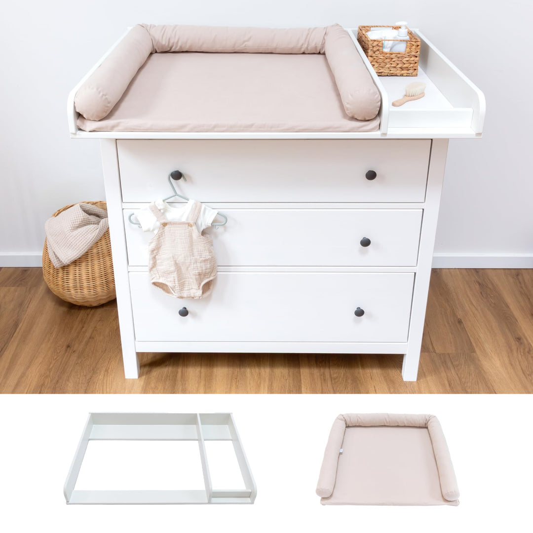 Wickelaufsatz Set für IKEA HEMNES – mit Aufsatz, Wickelauflage & Umrandung aus 100% Baumwolle (Pure