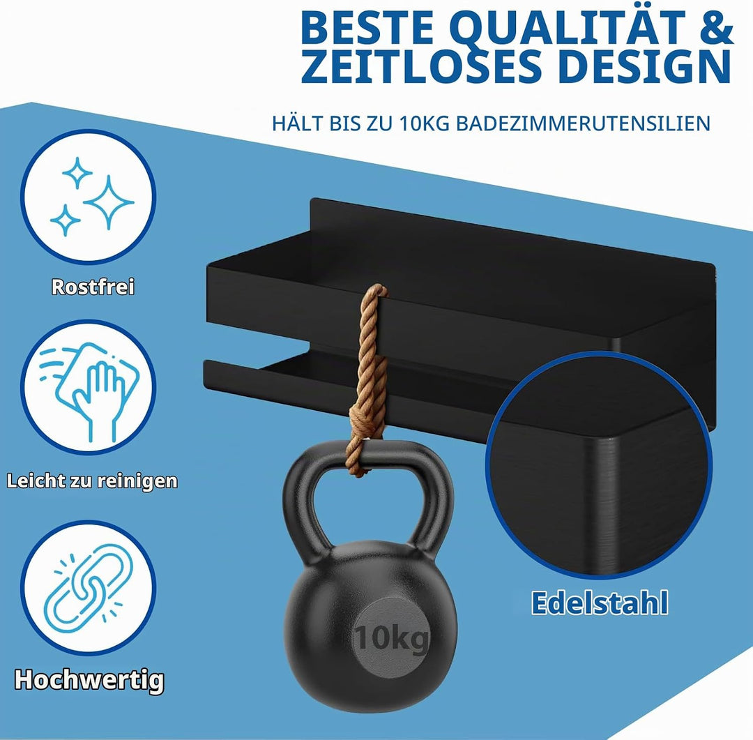 Duschregal Ohne Bohren, Edelstahl Duschablage Schwarz Mit 2 Haken Und Rasiererhalter, Shampoo Halter