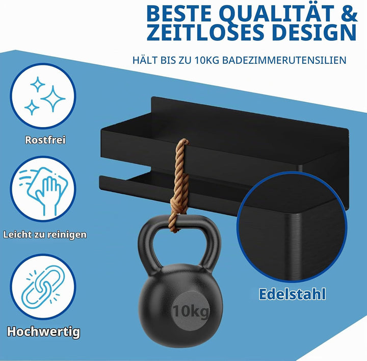 Duschregal Ohne Bohren, Edelstahl Duschablage Schwarz Mit 2 Haken Und Rasiererhalter, Shampoo Halter
