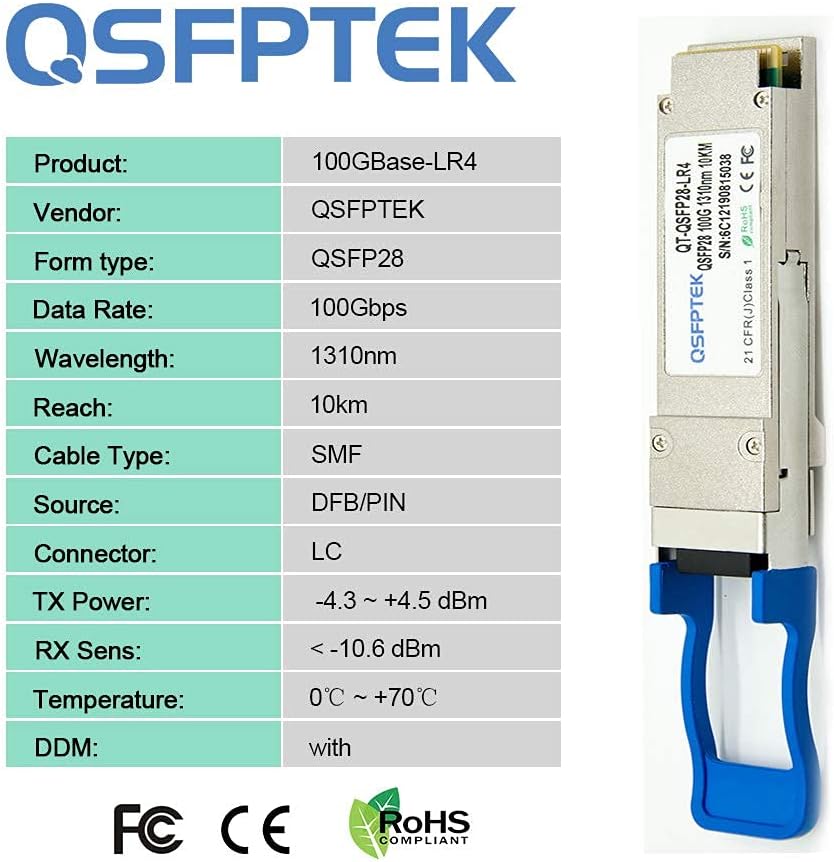 QSFPTEK 100G QSFP28 Transceiver LC Single-Mode 100GBASE-LR4 Module for Cisco QSFP-100G-LR4-S (1310nm