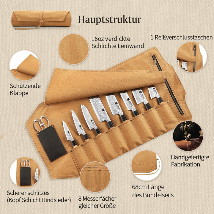 XINZUO Messertasche 78,5cmx41,5cm, Profi Koch Rolltasche, Universal Etui für Koch 8 Slots, 16oz verd