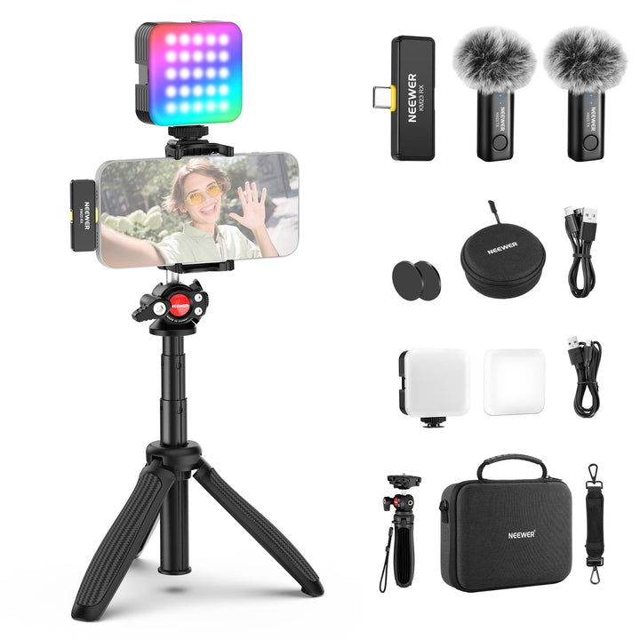 NEEWER Vlogging Set für Handy mit RGB LED Licht/Lavalier Funkmikrofon System/Mini Stativ/Handy Käfig