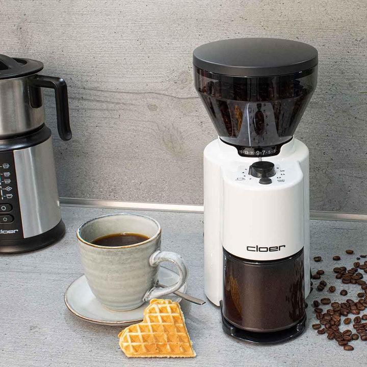 Cloer 7521 Elektrische Kaffeemühle mit Kegelmahlwerk aus Edelstahl, 2-12 Tassen, 300 g Kaffeebohnen,