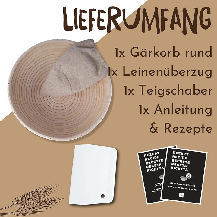 riijk Gärkörbchen + Teigschaber – Der ideale Gärkorb aus natürlichem Peddigrohr (rund, 25 cm) – mit