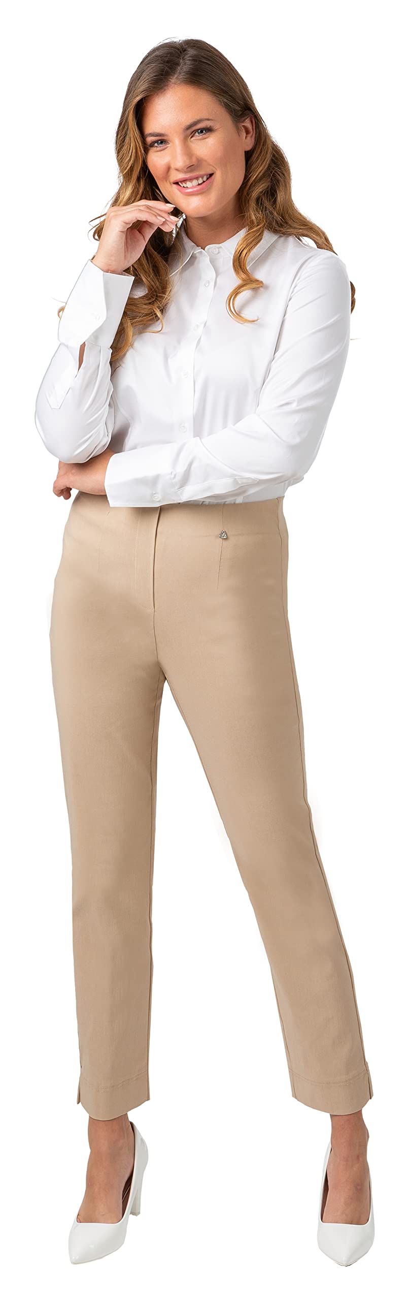 Gio Milano, Gio-Gabi, super Stretch Hose mit geradem Bein ohne Verschluss, 34 Kurz Camel