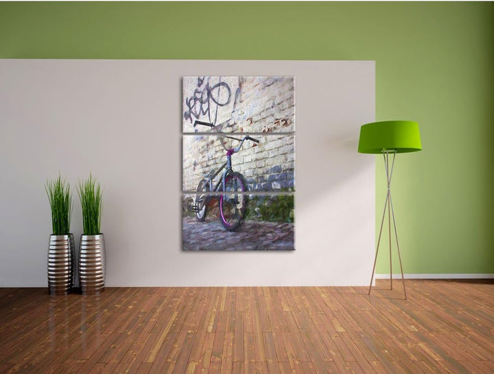 Pixxprint Fahrrad vor Graffitiwand 3Teiler 120x80 cm Leinwandbild Wandbild Kunstdruck
