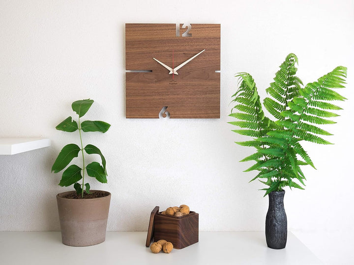 huamet Wanduhr Holz PUHR aus Nussholz, eckig - einzigartiges Design, geräuschlos ohne Ticken - Quali