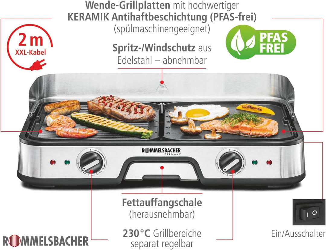 ROMMELSBACHER Tischgrill BBQ 2025, 2 Wende-Grillplatten (geriffelt und glatt), getrennt regelbar, ke