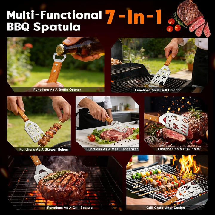 BBQ Grillbesteck Set 5-TLG, Extra Langes Grillwerkzeug aus Edelstahl mit Holzgriff, Grillzange, Flei