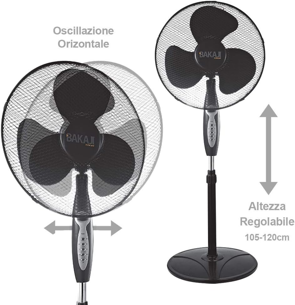 BAKAJI 2828514 Standventilator mit Standfuss, 40 cm, 3 Geschwindigkeiten, einstellbare Höhe einstell