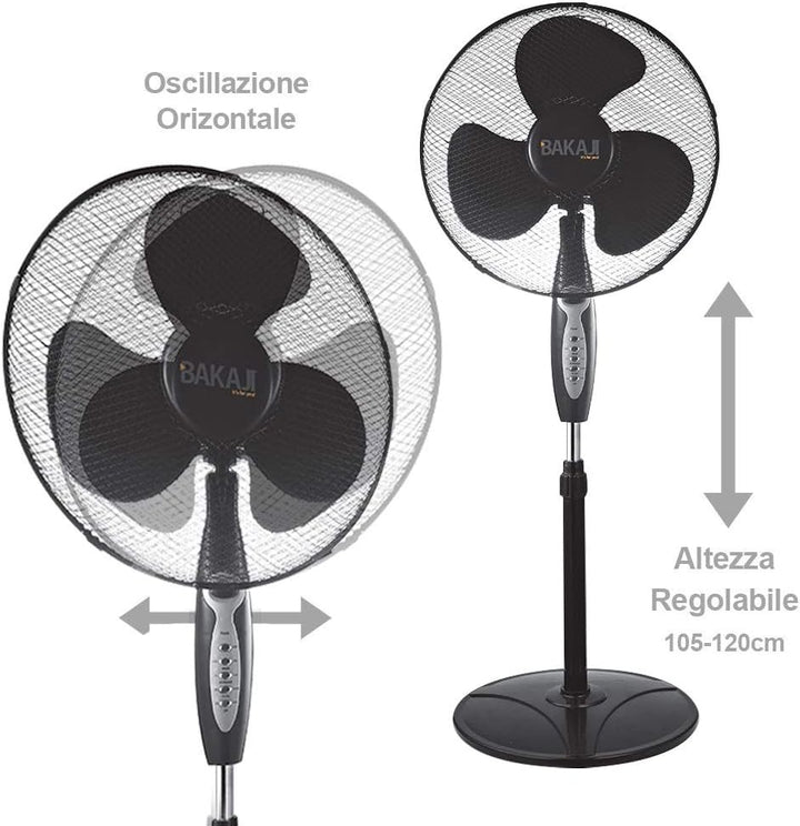 BAKAJI 2828514 Standventilator mit Standfuss, 40 cm, 3 Geschwindigkeiten, einstellbare Höhe einstell