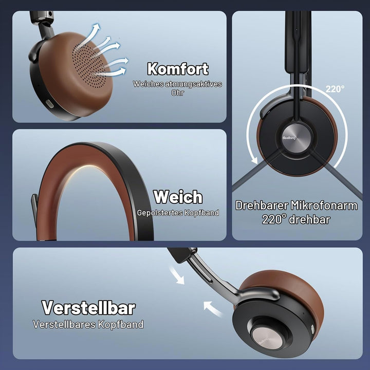 Headset mit Mikrophone Kabelloses, Bluetooth Headset für PC Laptop, 32h Gesprächszeit, USB A Dongle