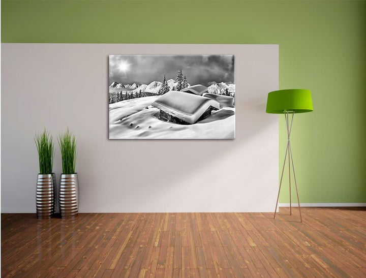 Pixxprint Berghütten Alpen / 100x70cm Leinwandbild bespannt auf Holzrahmen/Wandbild Kunstdruck Dekor