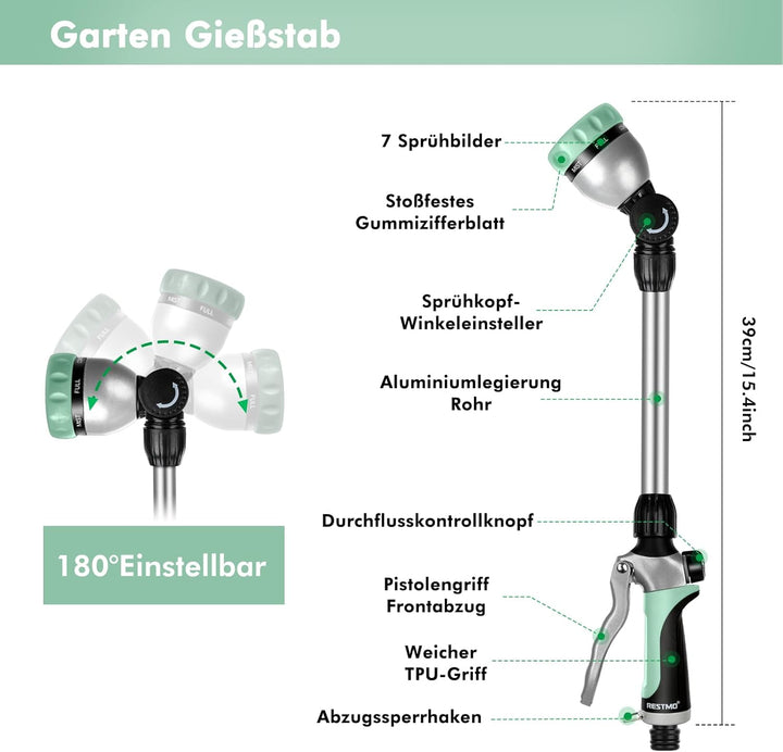 RESTMO Garten Giessstab Metall, 42cm Lang Giessstab, 180° schwenkbaren Kopf Stabbrause mit Durchflus