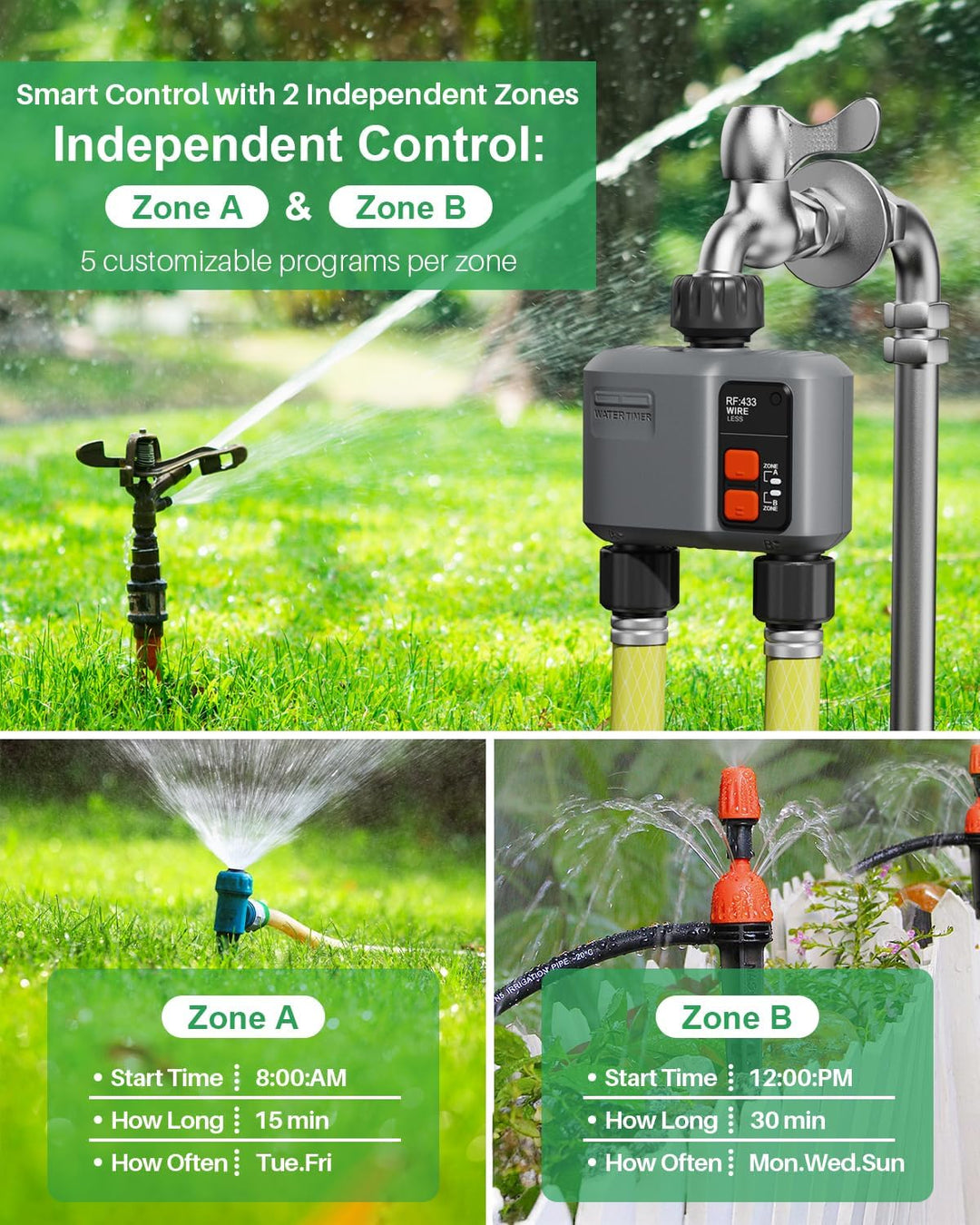 Bewässerungscomputer WLAN 2 Ausgänge mit 300M RF-Technologie, 2er-Packu Bewässerungsuhr für Gartenbe