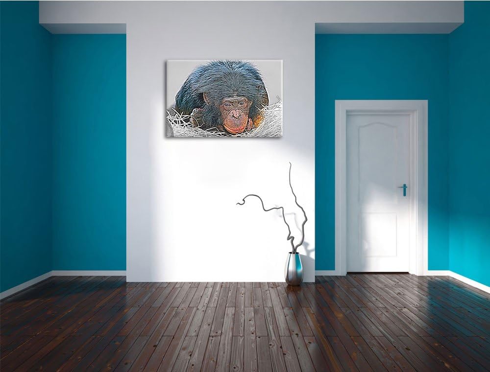 kleiner Schimpanse im Heu schwarz/weiss Deluxe Format: 100x70 cm auf Leinwand, XXL riesige Bilder fe