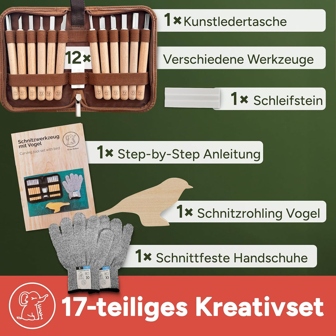 Eli® Schnitzset für Kinder (17-teilig) inkl. Schnitzanleitung - Rohling aus Holz Vogel - 12 hochwert