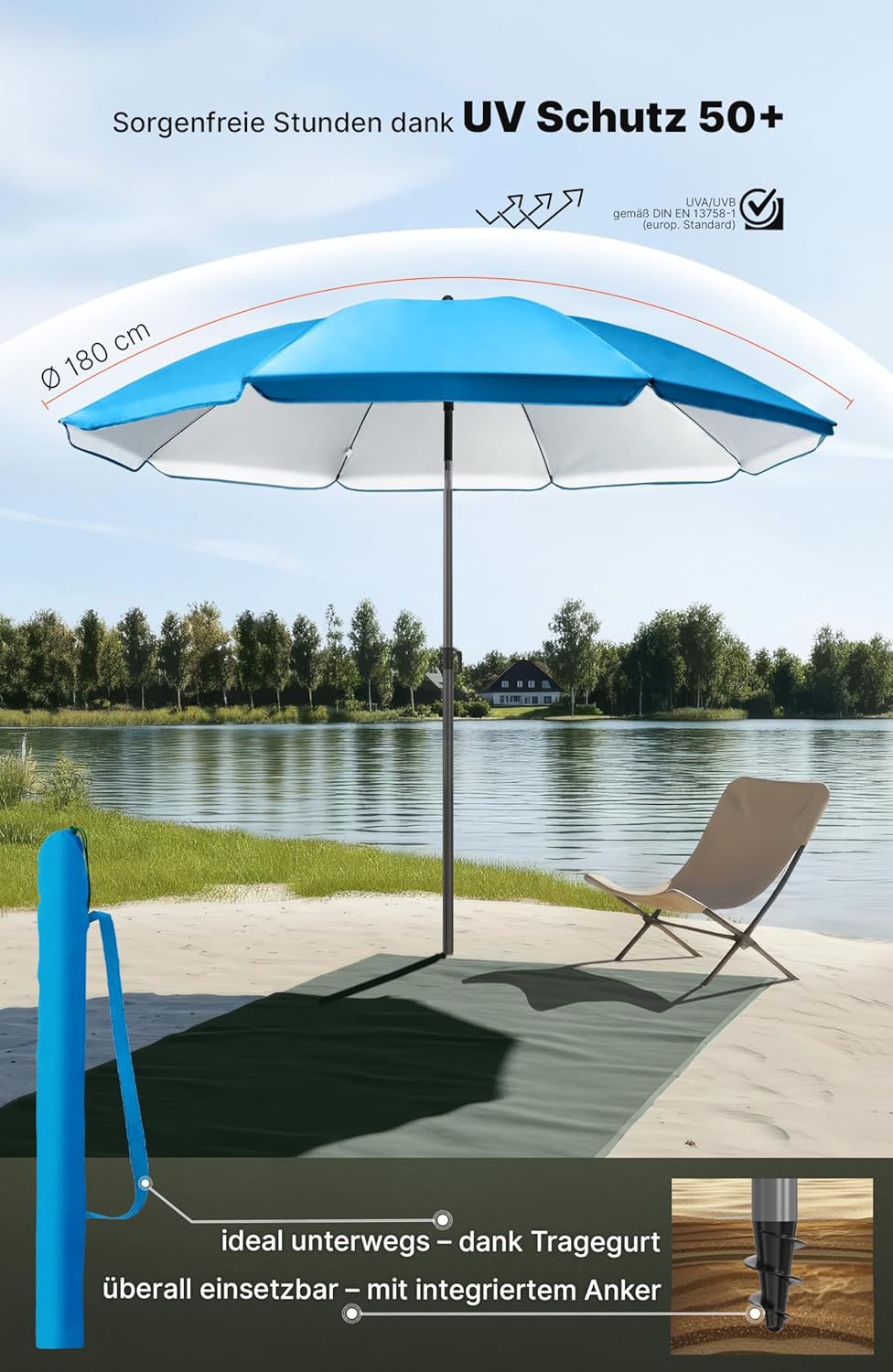 4smile Sonnenschirm Strand SunnyJoy - UPF 50+ Strandschirm Ø 180 cm, sicherer Sonnenschutz Strand, S