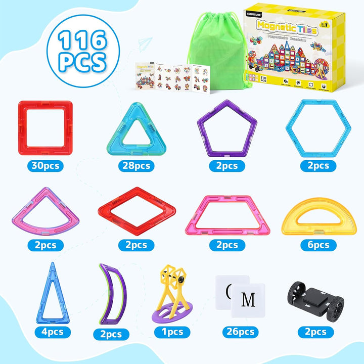 ECHOCUBE Magnetische Bauklötze für Kinder 116PC Set - Bauklötze, STEM Konstruktionsspielzeug mit leu