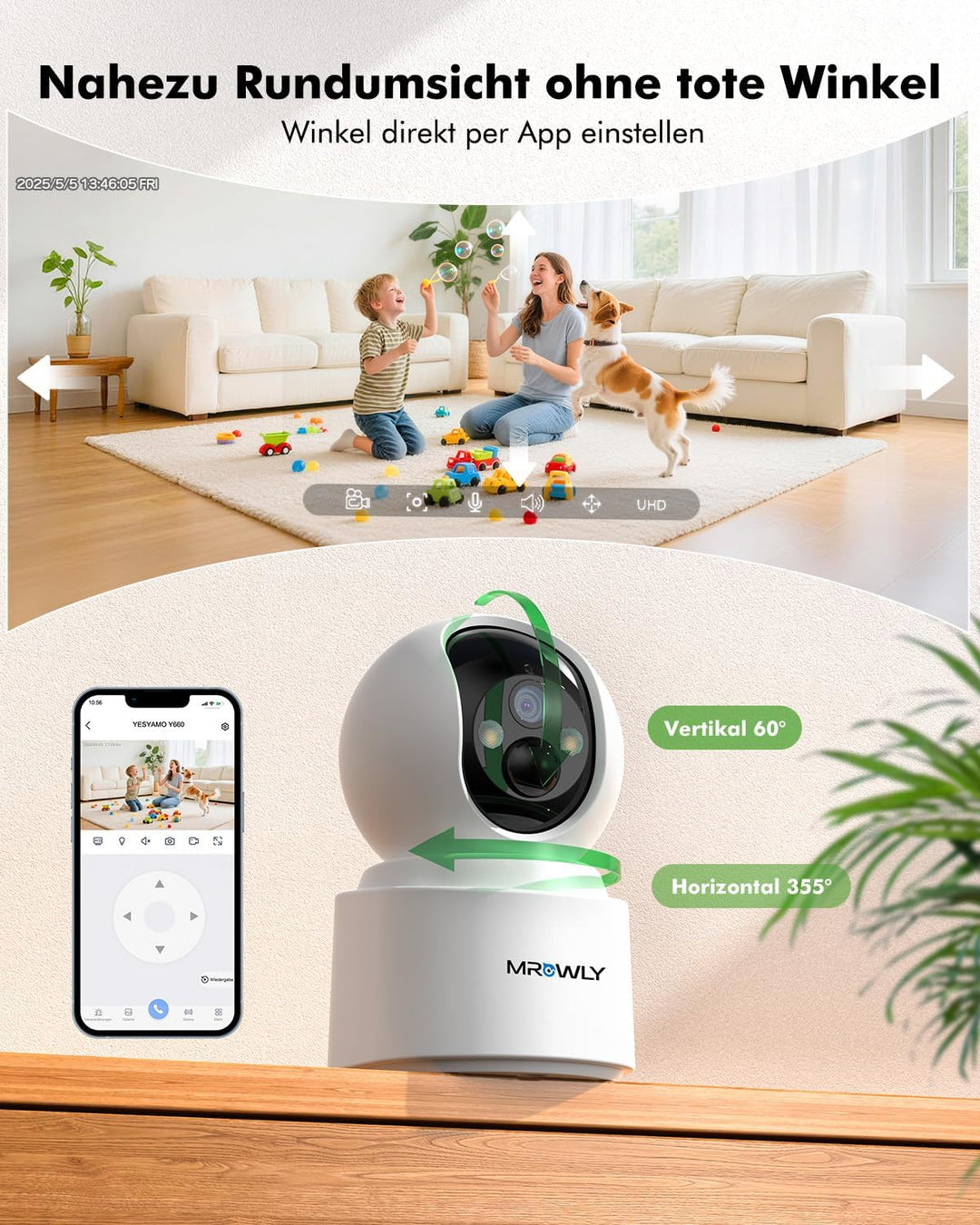 Überwachungskamera Innen Akku, 2,5K/4MP WLAN Indoor Kamera Schwenkbar mit akku, 2,4/5GHz WiFi, Farb-