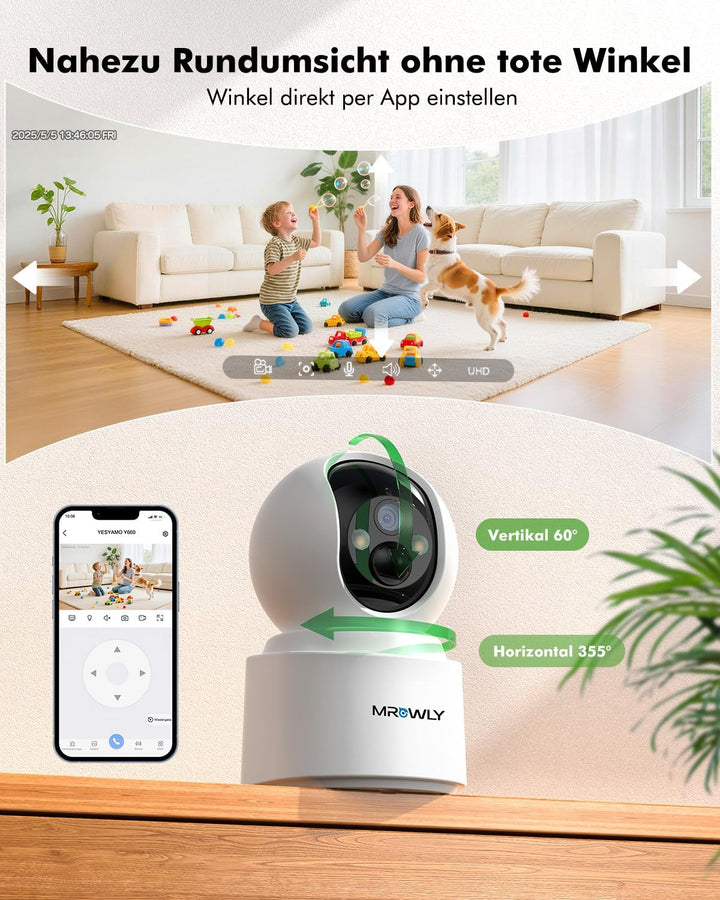2,5K/4MP Überwachungskamera Innen WLAN mit 6000mAh Akku, 360° PTZ kabellose überwachungskamera, 2,4/