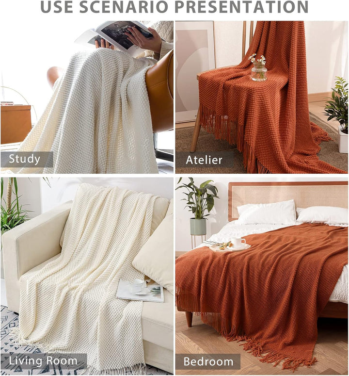LumiSyne Zellulare Strickdecke Mit Quaste Einfarbige Zartes Hohlen Webmuster Weich Atmungsaktiv Sofa